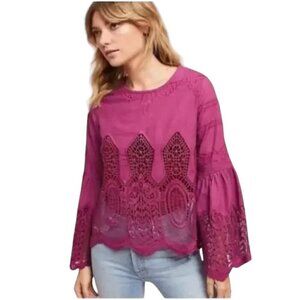 Anthropologie Chloe Oliver Burgundy Plum Lace Bell Sleeves Top